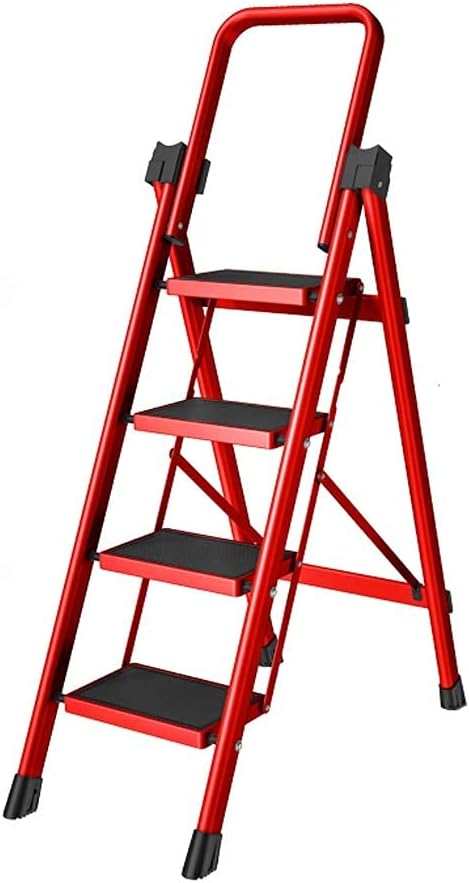 Step Ladder Stool Folding Steel Ladders with Safety HandRail Non Slip Tread Portable Stepladder Lightweight Kitchen Home Stepladders (Red 4 Step)