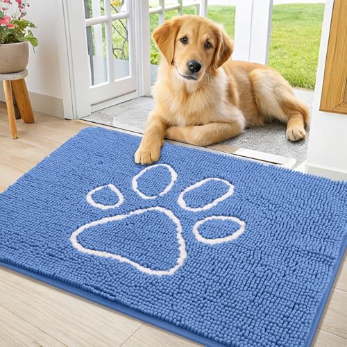 Image of Smiry Dog Door Mat for Muddy Paws, Absorbent Non Slip Dirt Trapper, 36x24 | Cornflower Blue and White, Quick Dry Washable Chenille Mat for Mud Dogs, Entry Rug for Indoor and Outdoor