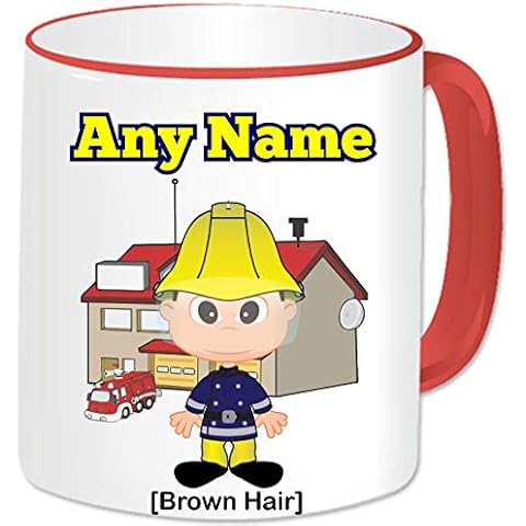 Fireman Gifts for Men - Personalised Fireman Mug Coffee Tea Cup - Firefighter Gifts for Dad Husband Uncle Grandad Novelty Work Thank You Birthday Christmas Present (Brown Hair / Red Mug) Cover