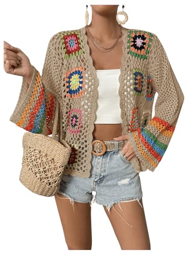 Image of SHENHE Women's Floral Crochet Cardigan Hollow Out Open Front Long Sleeve Cardigan Sweater