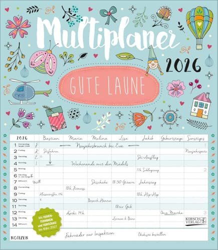 Multiplaner - Gute Laune 2026: Familienplaner, 7 breite Spalten. Großer Familienkalender mit Ferienterminen, extra Spalte, Vorschau bis März 2027 und Datumsschieber. Format: 40x46 cm