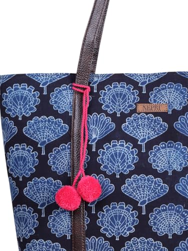 Image of NEPRI Oversized Office Tote Bag | Stylish Tote Bags | Purse for Women | Vegan Leather & Hanblock Printed Fabric Handbag with Double Handle Shoulder Strap| Daily & Travel Use