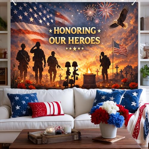 Image of Bliss Yard 4th of July Patriotic Backdrop Banner 8 x 6 Ft American Flag Military Memorial Theme Decorations, Independence Day Party Decor for Veterans Day Memorial Event Indoor Outdoor Supplies