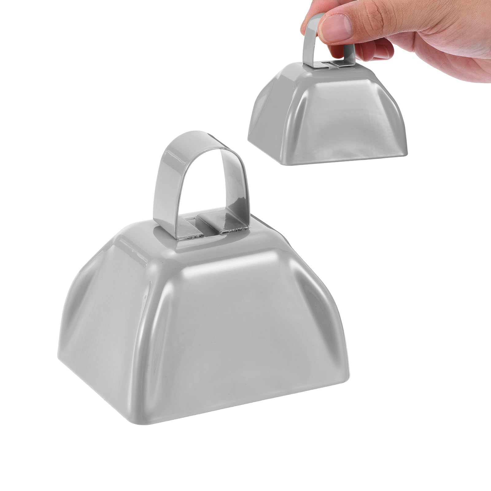 PATIKIL 2pcs Cow Bells for Football Games 3inch Cowbells for Sporting Events Bulk Loud Noise Makers Metal Cow Bell with Handle for Cheering Competition Marathon Wedding Silver