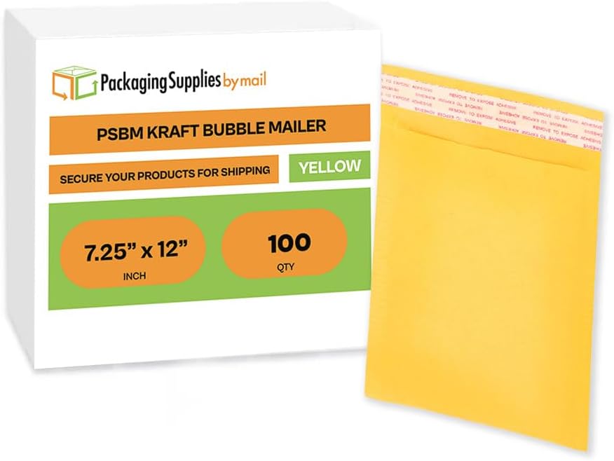 PSBM #1 100 PCS 7.25 x 12 Inch Kraft Bubble Mailers, Yellow Padded Envelopes, Self-Sealing Peel-Off Strip, Ideal for Shipping CD, DVD, Jewelry, Photos, Magazine, Books, Clothes and More