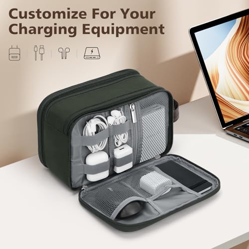 Image of Wedama Toiletry Bag for Men, Medium Hanging Travel Toiletry Bag, Extra Electronic Organizer Bag Waterproof Shaving Bag for Toiletry with PU Handle for Travel Business Trips Swim Camping, Green+ Brown