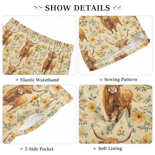 Highland Cattle Flower Pattern Sleep Shorts Summer Pajama Shorts Elastic Waist Sleep Bottoms with Pockets 6-14 Years3