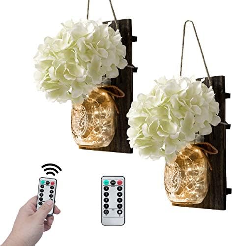 VIEFIN Farmhouse Mason Jar Sconces Wall Decor,Rustic Wall Sconces Home Decor with Remote Control, Silk Hydrangea,Dark Brown Wood Board and LED Strip with 20 Fairy Lights(2 Pack, White)
