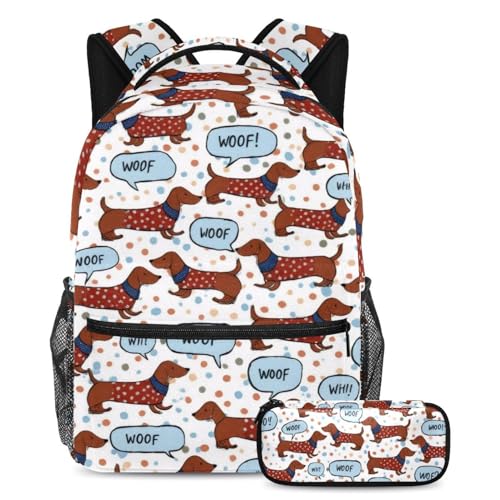Sac à dos WOOF teckel 2 pièces avec trousse pour l'école et les voyages des ados