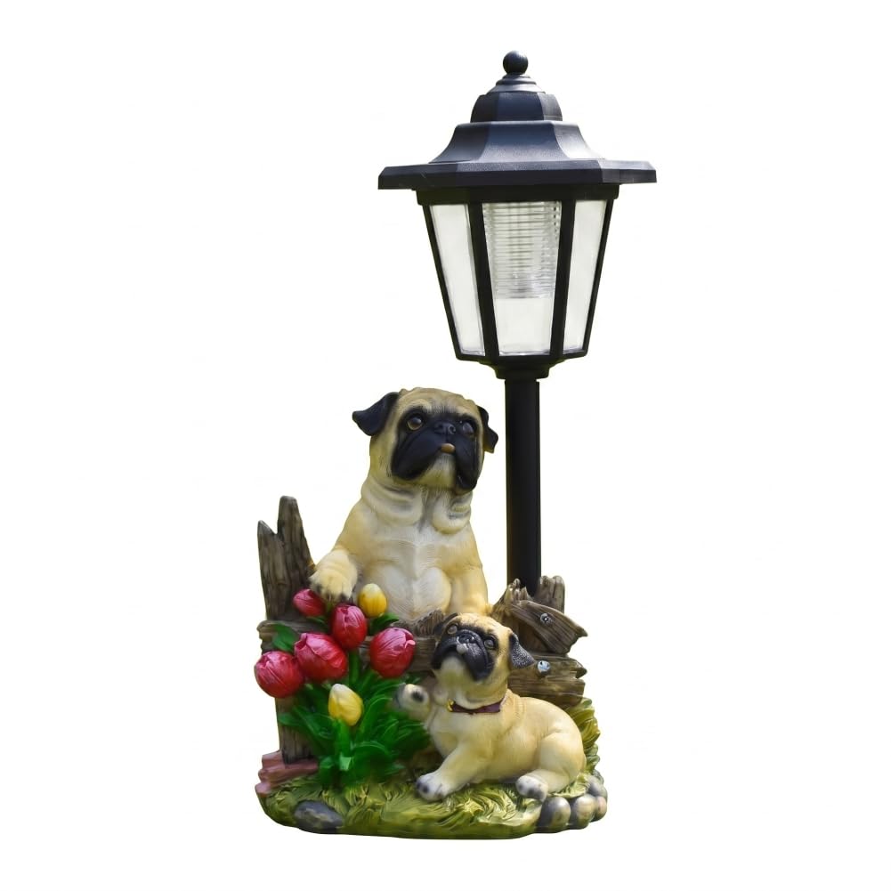 Perodlly Dog Solar Lights Outdoor, Dog Garden Statue with Lantern- Outdoor Resin Pug Statue With Auto-on Solar Lights For Yard, Lawn, Patio.
