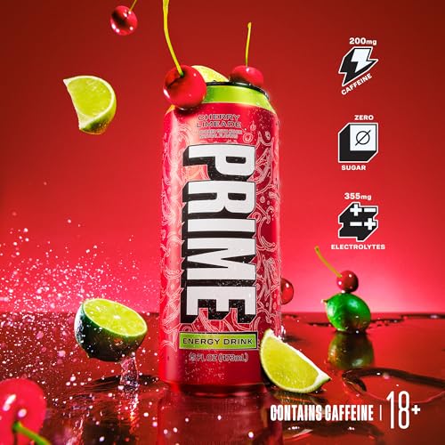 Image of PRIME Energy CHERRY LIMEADE, Zero Sugar Energy Drink, 200mg Caffeine and 355mg of Electrolytes for Hydration, Vegan, Gluten Free,16 Fluid Ounce, 12 Pack