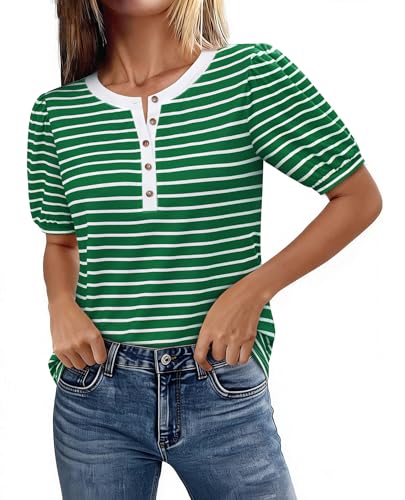 Striped Shirt Women Button Up Green Tops Henley V Neck Blouses Striped Puff Short Sleeve Tunic Tops Loose Fit