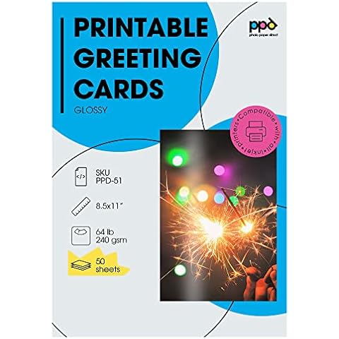 PPD Greeting Card Paper, Printable Greeting Cards for Inkjet Printer, 8.5 x 11 Blank Half Fold to 5.5 x 8.5 Custom Cards for Birthday, Wedding, Invitations, Thank You Note, Instant Dry (50 Sheets) Cover