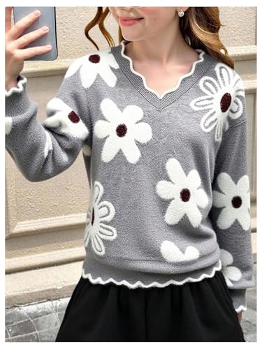 Image of BEAUDRM Girl's Cute Bow Sweater Crew Neck Long Sleeve Drop Shoulder Loose Pullover Tops