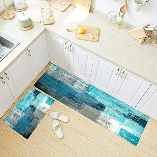 Kitchen Mats for Floor,TOMWISH Turquoise Kitchen Rug Grey Abstract Area Rug Art Painting 17"X48"+17"X24" Non-Slip Kitchen Rug Set for Kitchen Dining Room,Floor Home,Office,Sink,Laundry - Image 4