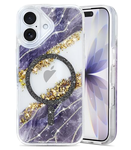 Teayoha Glitter Case for iPhone 17, Luxury Shiny Bling Sparkly Phone Cover, Wireless Charge Compatible with MagSafe,Cute Marble 3D Gold Foil Accents Clear Cover for Women, Girls - Black
