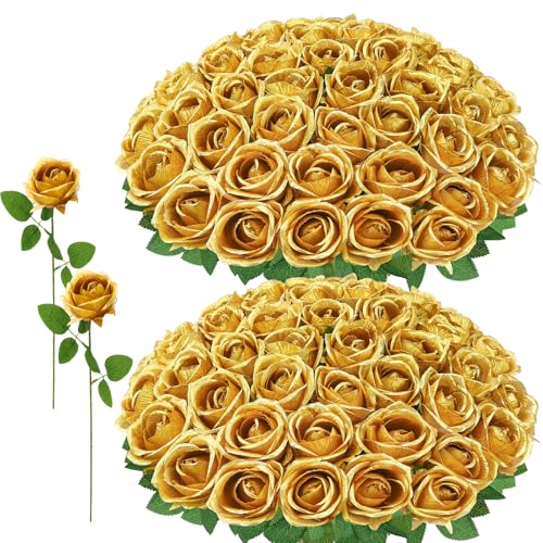 Ovveroche 72 Pcs Artificial Roses Gold Fake Silk Roses Realistic Roses