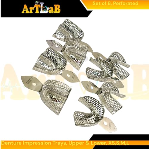 Impression Trays for Dentures with Perforation Holes, Upper and Lower, Autoclave Safe German Stainless Steel | X-Small, Small, Medium, Large (8 Pack)