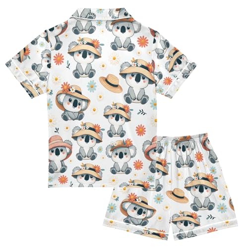 ALAZA Cute Koala Wearing Flower Floral Pajamas Satin Pajama Set Short Sleeve Button Down Sleepwear2
