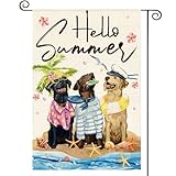 AVOIN colorlife Hello Summer Sea Beach Dogs Garden Flag 12x18 Inch Double Sided Outside, Floral Starfish Seasonal Holiday Yard Outdoor Decoration