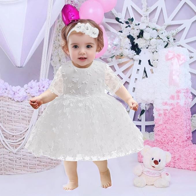 Baby Girl Bowknot Flower Dresses with Headwear Baptism Dress Infant Toddler Flower Girls Tulle Gown Wedding Birthday3