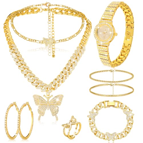 Landical 8 Pcs Big Butterfly Cuban Jewelry Set Rhinestone Link Chain Necklaces Pendant Bracelet Diamond Watch Hoop Earrings Ring Accessories for Women Hip Hop Jewelry(Gold)