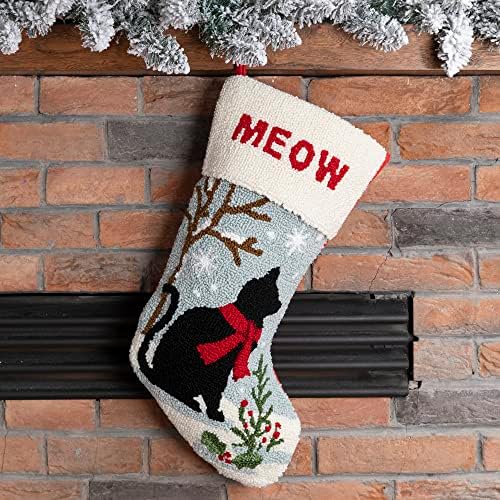 glitzhome 19" L Cat Christmas Stocking Oversize Handmade Hooked Xmas Fireplace Hanging Decoration Stockings for Family Holiday Season Party Decor