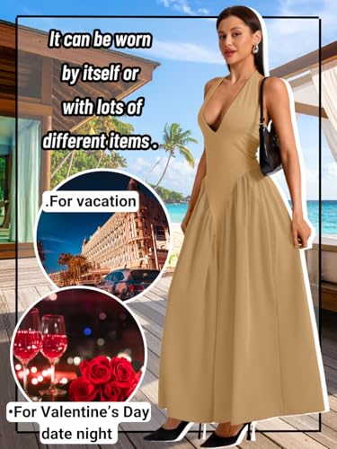 Image of ChiaoLezhee Deep V Neck Dress, Halter Maxi Dresses, Vacation Date Night, Sexy for Women Corset Flowy Wedding Guest Drop Waist