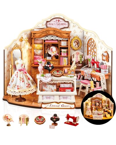 Rolife DIY Miniature House Kit Elsas Tailoring Mini Dollhouse Kit for Adults Mini Room Building Kit for Teens DIY Craft Kits for Parents Friends Girls Boys (Elsas Tailor Shop)