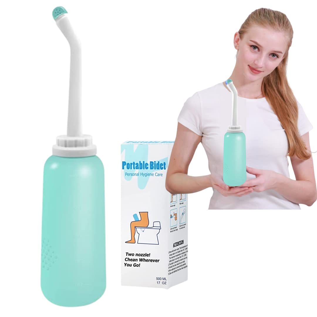 Travel Bidet Easy-to-use Large Portable Handheld Bidet Bottle with Convenient Nozzle Storage & Fancy Travel Bag, 500ml Capacity, and Angled Nozzle Spray by NoorBuzz (blue)