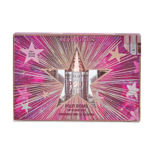 Revolution Set Regalo Pout Bomb Lip Gloss Voluminizador, 3 Brillos Labiales de Tamaño Completo con Ácido Hialurónico y Péptidos, Vegano y Libre de Crueldad Animal