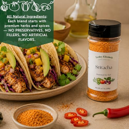 Image of Lesley Elizabeth Sriracha Seasoned Sea Salt - Spicy & Bold Sriracha Flavored Salt for Chicken, Beef, Pork, Seafood & Vegetables | Gourmet All-Purpose Cooking & Grill Seasoning