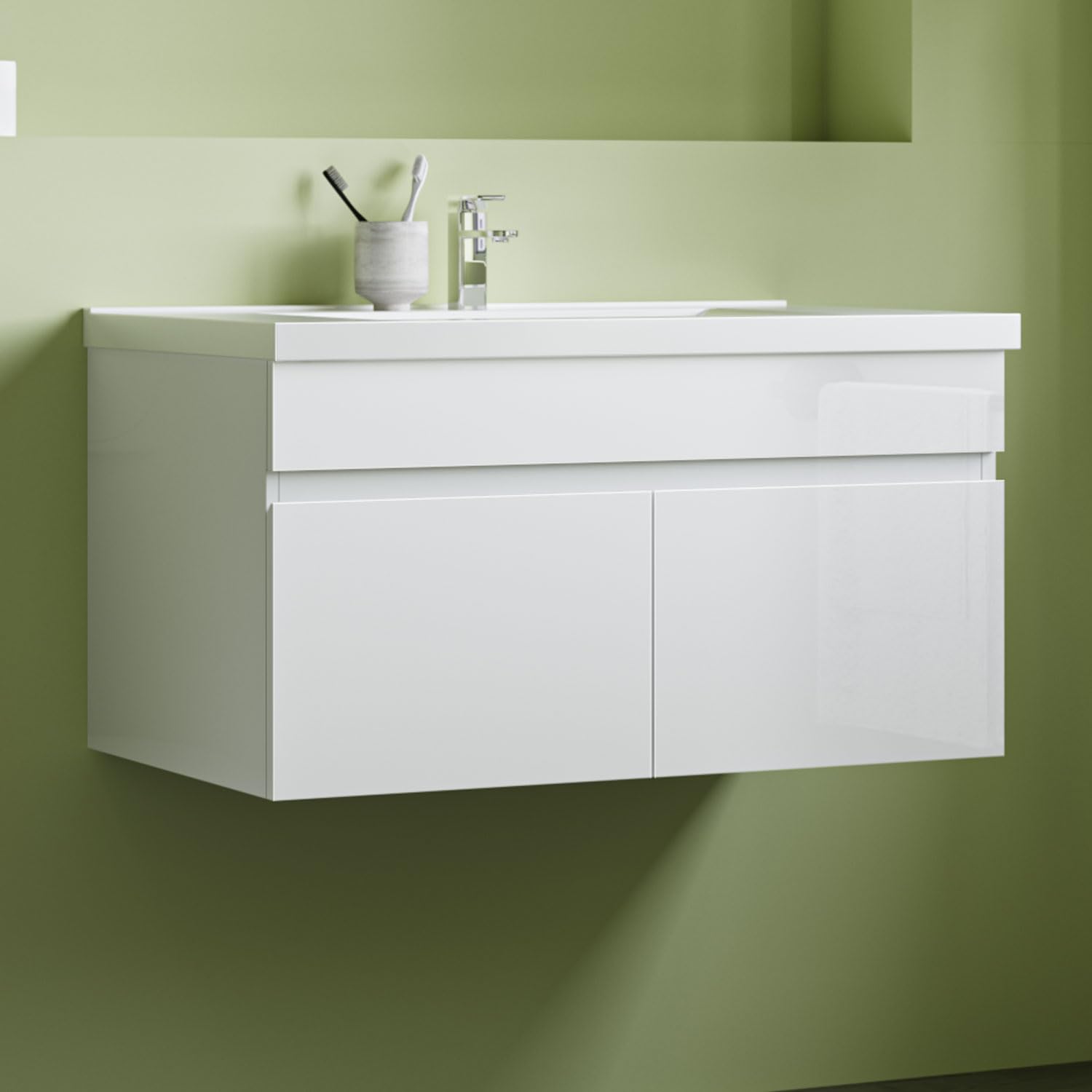 Aica Sanitär Waschtisch mit Unterschrank 80cm Bergen Badmöbel Set Hochglanz Weiß Keramik Waschbecken mit Unterschrank MDF Softclose