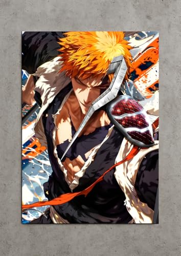 Image of NIJUKA Anime Printed A4 Size Metal sheet Poster For Home And Room Decoration | For Anime Art Fans Boys And Girls (Ichigo Korosaki Bankai User)