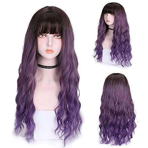 Women Wig Long Wavy Wigs With Bangs full Curly Wavy Hair Wigs High Temperature Resistant Synthetic Hair Made in Imitation for Girl Heat Friendly Cosplay Party Wigs