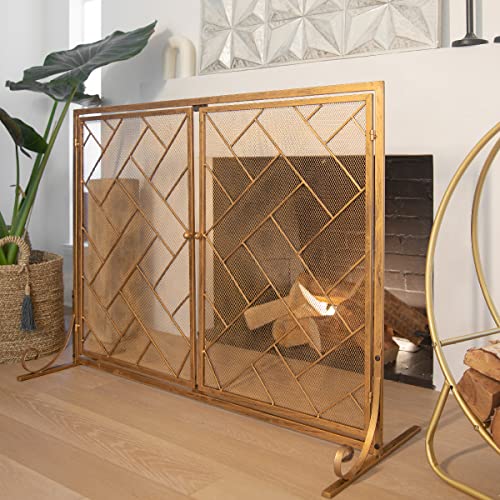 Barton 45\" x 33\" Fireplace Screen Wrought Iron Mesh 2 Panel Fire Door Cover Spark Guard, Distressed Finish - Gold