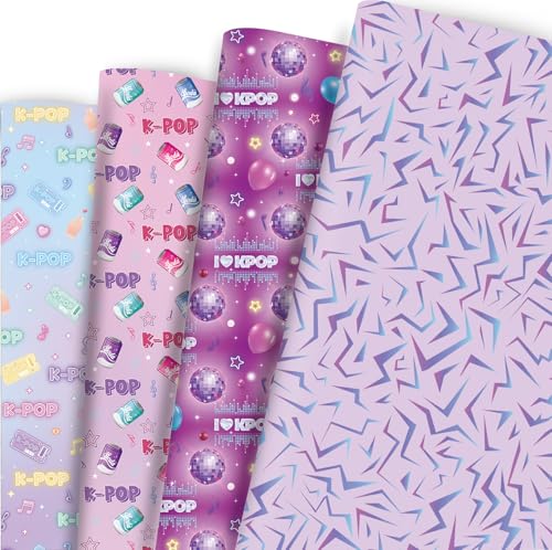 Joviwrap Kpop Wrapping Paper 12 Sheets Purple Korean Pop Music Gift Wrap for K-pop Fans Concert Birthday Music Party Teens Girls Anime Lovers 20 x 28 Inch