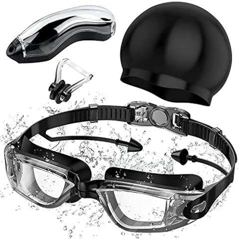 GPEESTRAC Men's and Women's Swimming Goggles, UV Protection, Anti-Fog, Swimming Goggles with Swimming Cap and Nose Clip, Adjustable, for Water Sports and Adults, Transparent Cover