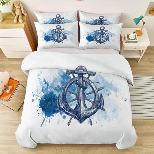 Juego de Cama con diseño Clipart Náutico Timón, Funda de edredón y Funda de Almohada impresión 150 x 220 cm, para Dormitorio Azul