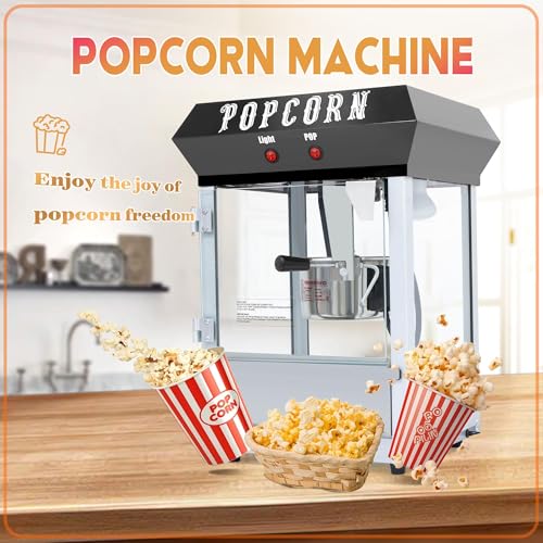 Image of 6 Oz Commercial Popcorn Machine, Kettle, 600 W, Movie Theater Popcorn Machine, Black Tabletop Pop Corn Machine with Stainless-Steel Kettle & Steel Frame Tempered Glass Doors