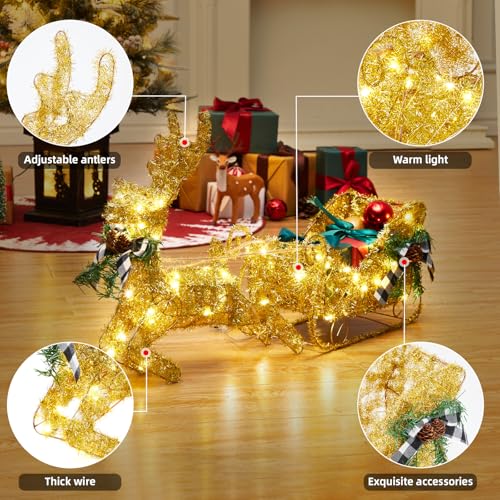 GarveeHome Gold Reindeer and Sleigh Set for Christmas Decorations, Metal Frame Christmas Elk Ornaments, Iron Xmas Centerpiece for Indoor Home Decor, Holiday Display