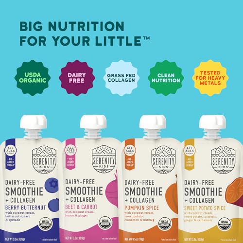 Image of Serenity Kids 6+ Months Dairy Free Smoothie Baby Food Pouches - Protein Snack Pouches with Grass-Fed Collagen & Healthy Fats - USDA Organic Baby Food with No Added Sweeteners - 3.5 Fl Oz, Pack of 8