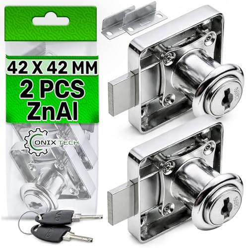 2 Piezas Cerradura Taquilla 42 x 42 mm   2 Llaves Incluidas   Aleación Alta Resistencia ZnAl   Solución Fiable para Cajones de Armarios y Muebles de Oficina   Garantía de 5 Años   ONIX TECH