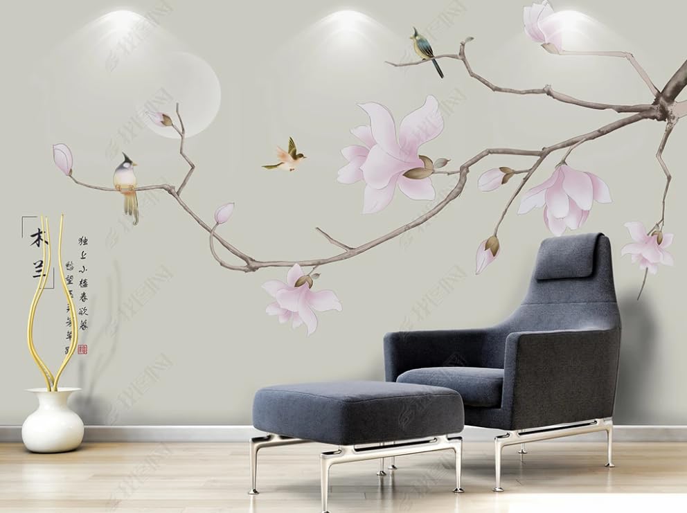 Papier peint intissé magnolia haut de gamme au dessin fait main pour grand mur
