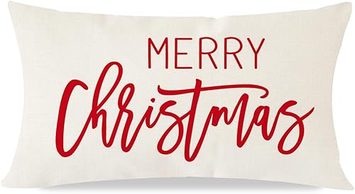 Miniatura 8 de Fundas de almohada de Feliz Navidad de 12 x 20 pulgadas, modernas decoraciones navideñas de granja, almohadas lumbares rojas, fundas de almohada