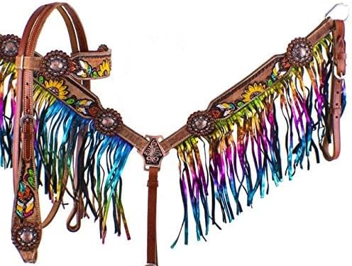 Showman Feather, Sunflower & Cactus Headstall & Breast Collar Set w/Metallic Rainbow Fringe
