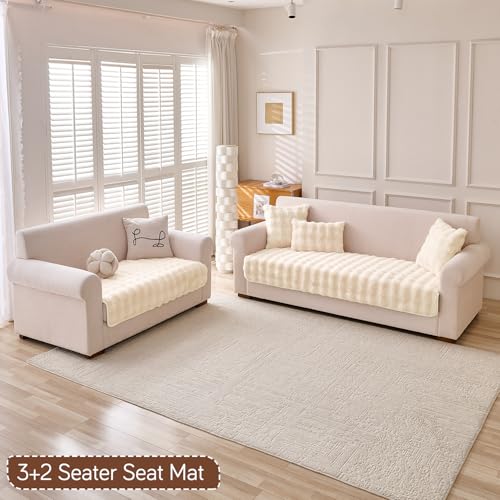 Image of HOKIPO 'FurHug' 3 Seater and 2 Seater Luxury Faux Rabbit Fur Sofa Cover Mat, Beige (AR-5013-5)
