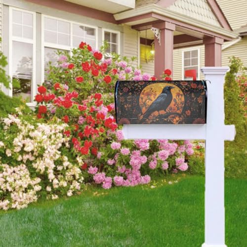 Image of Vintage Crow Magnetic Mailbox Cover Gothic Black Raven Boho Flowers Waterproof Mailbox Wrap Post Cover Large Size 25.5x21 Inch for Garden Yard Outdoor Outside Holiday Decor