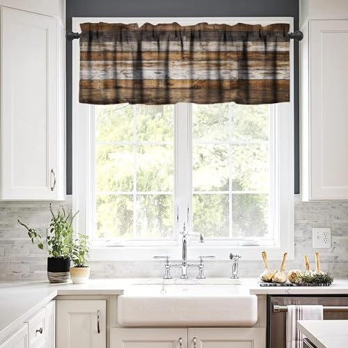 Jestronry Brown Rustic Valance Curtains, Barn Wood Antique Brown Grey Farm Wooden Planks Window Treatment Valances For Bedroom Kitchen Decor With Rod Pocket thumb #2