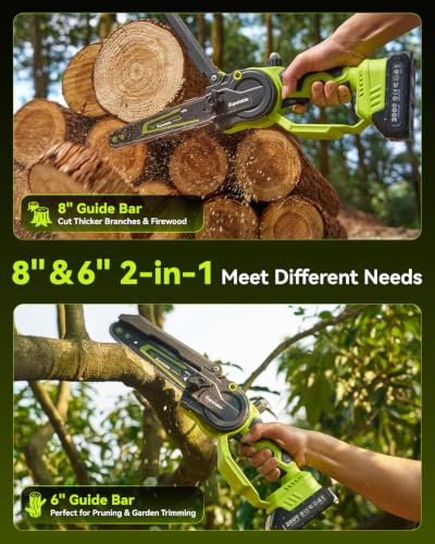 Mini Chainsaw Cordless, 8 Inch & 6 Inch Electric Chainsaw Battery Powered, 1000W Brushless Handheld Power Chain Saw with 2 Batteries, Small Tree Saw for Branch Trimming Wood Cutting - Image 2